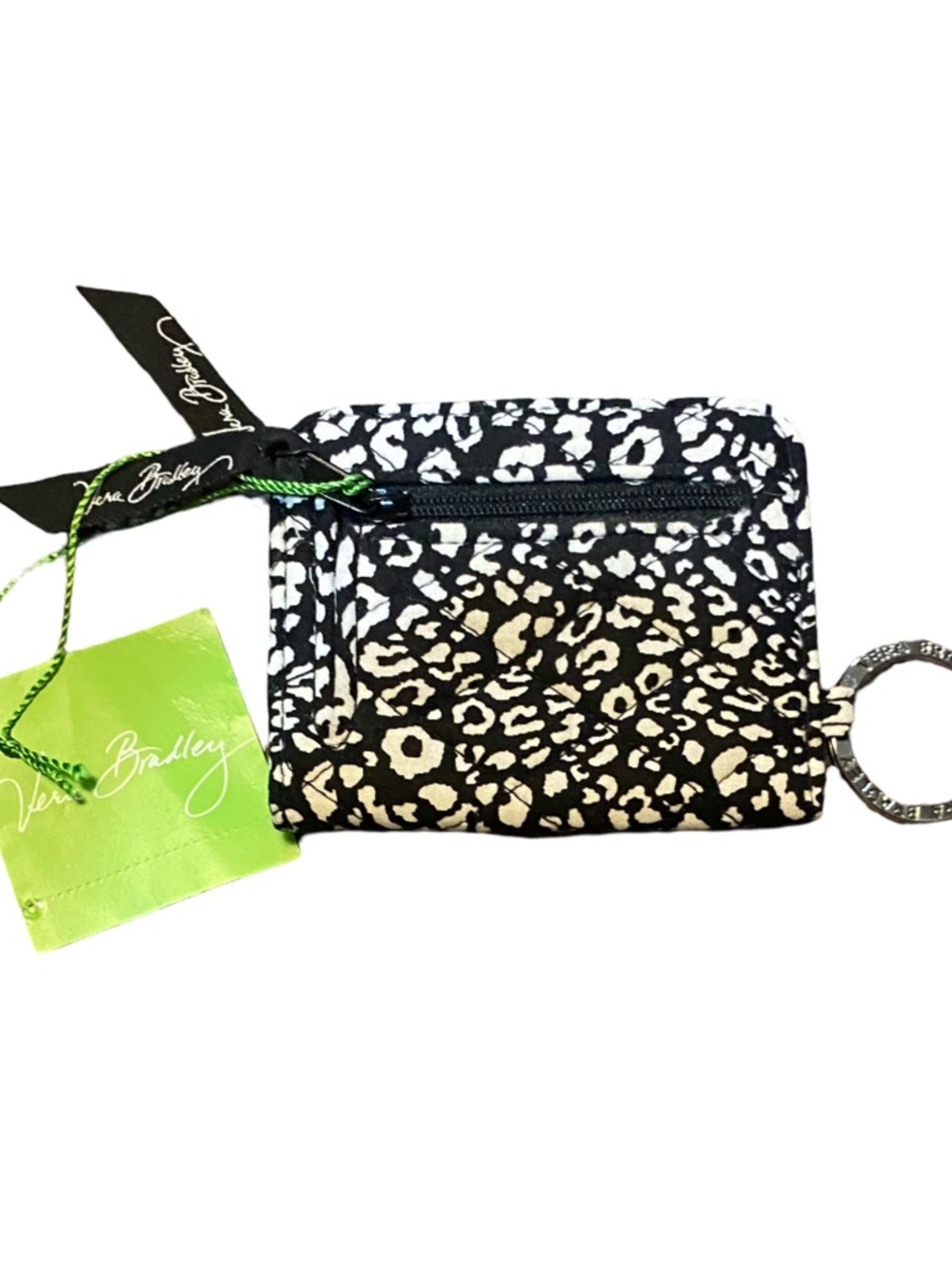 Vera Bradley Black and White Leopard Print Zip Card Case Keyring